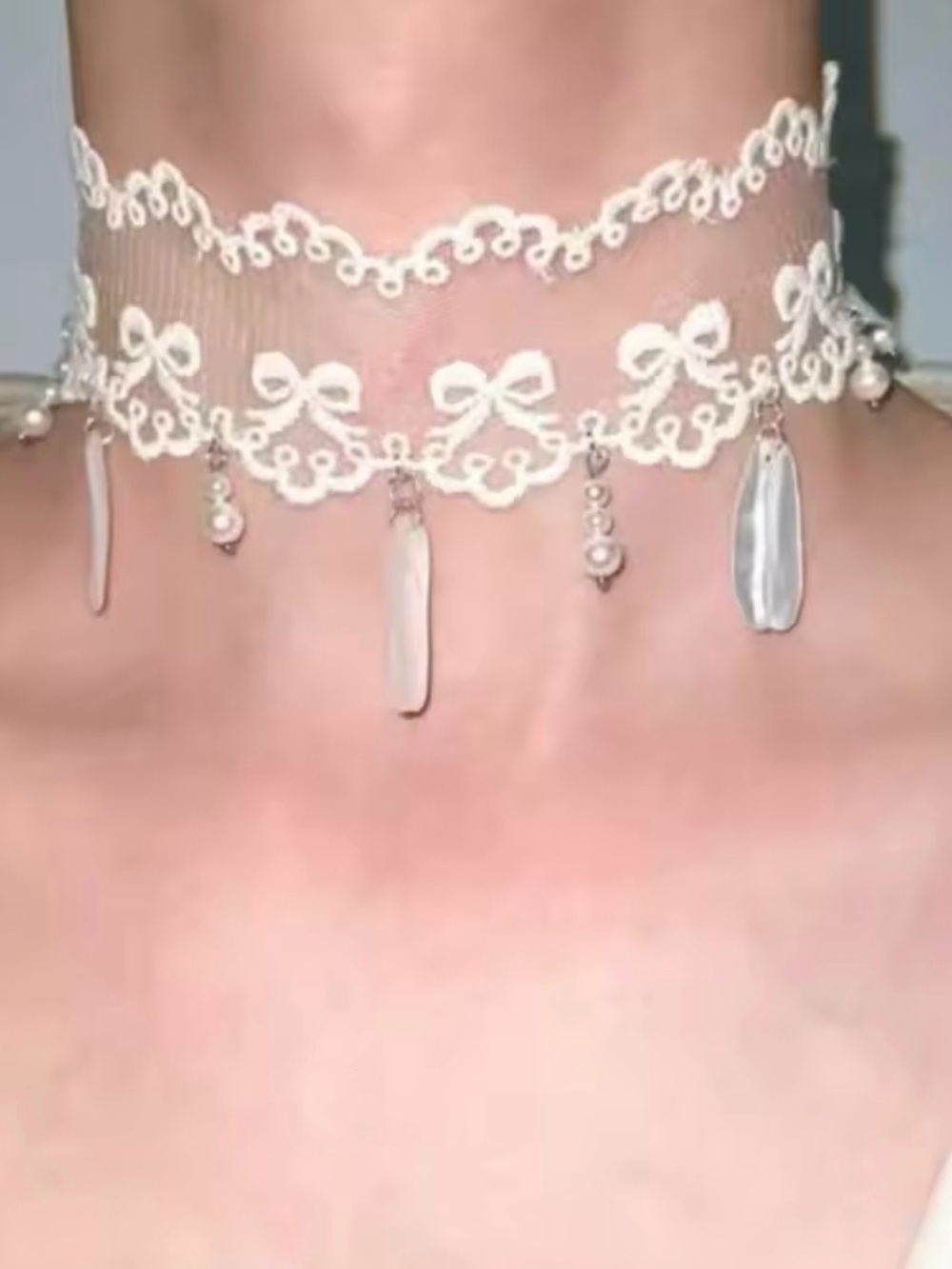 Romantic Ivory Lace Choker Necklace with Pearl & Shell Drops